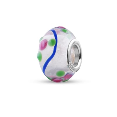 Quiges - Glazen - Kraal - Bedels - Beads Wit met Roze Bloemmetjes en Blauwe Golven Past op alle bekende merken armband NG1991
