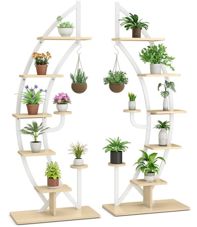 COSTWAY 6-traps metalen plantenstandaard in halve maanvorm, bloemenrek met 2 kleine planken en bovenste haken, ladder-plantenrek, kantelbescherming, bloempotstandaard voor tuin, woonkamer, wit