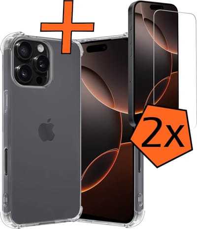 Hoes - Met Screenprotector - 2 Stuks - Geschikt voor Apple iPhone 16 Pro - Sterk & Shockproof - Siliconen Case - Back Cover - Telefoon Hoes - Shock Proof - Transparant