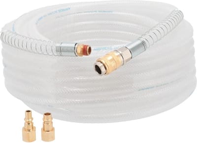 Luchtslang PVC gevlochten nylon | Binnen Ø 8 / Buiten Ø 13.5 mm | 1/4 buitendraad en universele koppeling | 15 meter | 20 bar | Incl nippels