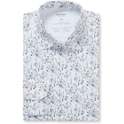 OLYMP 24/7 Level 5 body fit overhemd - tricot - wit met blauw en groen dessin - Strijkvriendelijk - Boordmaat: 41 (EU maat: L)