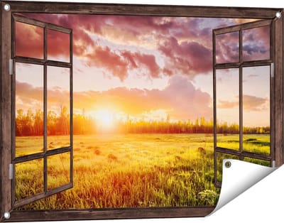 Gards Tuinposter Doorkijk Zonsopkomst in het Veld - 90x60 cm - Tuindoek - Tuindecoratie - Wanddecoratie buiten - Tuinschilderij