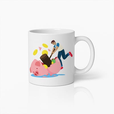 Grappige Spaarvarken Kapot Slaan Illustratie Keramische Mok – Humoristische Koffiebeker voor Spaar- en Financieel Enthousiastelingen