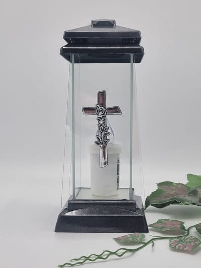 Herdenkingslicht - L-50k - Lantaren - Kruis - Roosje - Zilver - Spiegel - Windlicht - Graflicht - Graflantaarn - Grafdecoratie