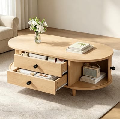 MODENUIT Salontafel - Roldeuren En 2 Lades - Voor Woonkamer En Zithoek - MDF Naturel Houtlook - 100x50x36 Cm