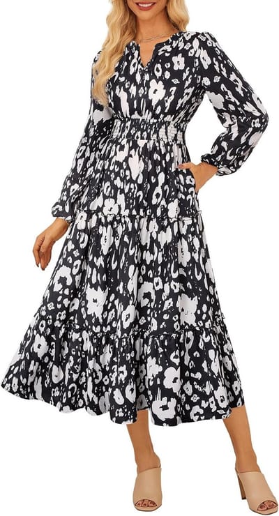 Elegante maxi-jurk voor dames met lange mouwen en V-hals – Bloemen A-lijnjurk met gesmokte taille