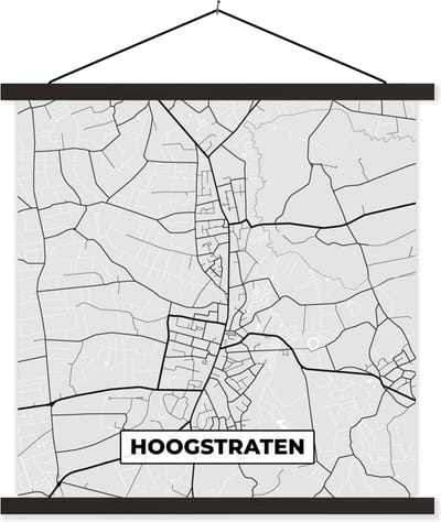 Posterhanger incl. Poster 60x60 cm - Schoolplaat - Plattegrond – Hoogstraten – Zwart Wit – Stadskaart - Kaart - Textielposter - Zwarte latten - Stadskaart