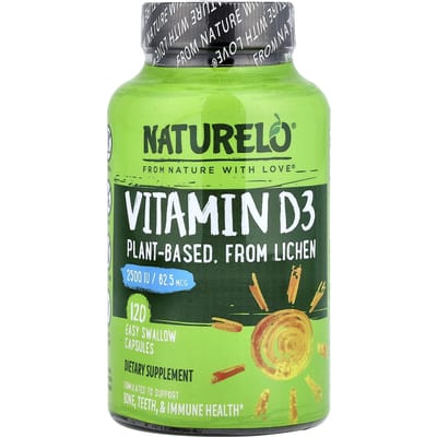 NATURELO, Vitamine D3, 62,5 mcg (2.500 IE), 120 gemakkelijk door te slikken capsules