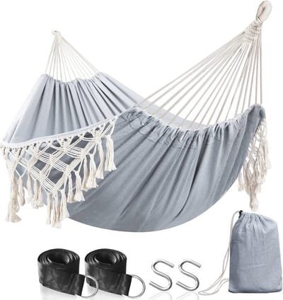 Hangmat met spreidstok - Outdoor Tassel - Draagbare compacte katoenen hangmat met boombanden en draagtas Hangmat met spreidstok