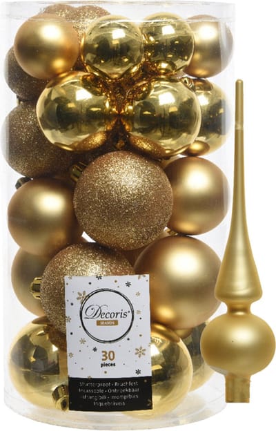 Decoris kerstballen 30x stuks - goud 4/5/6 cm kunststof mat/glans/glitter mix en mat glas piek 26 cm