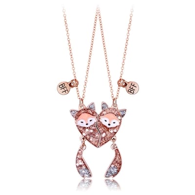 Bixorp Friends BFF Ketting voor 2 met Magnetische Vosjes Hartje - Roze Glitters - Vriendschapsketting