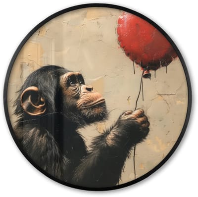 Poster in lijst Rond - Fotolijst 60x60 cm - Posters - Street art - Chimpansee - Ballon - Graffiti - Banksy Style - Ronde posterlijst zwart - Decoratie - Wanddecoratie woonkamer - Muurdecoratie slaapkamer