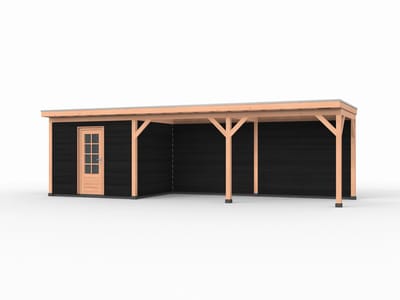 Douglas overkapping, 900 x 250, met zwarte schuur en achterwand, Westwood Comfort Plus