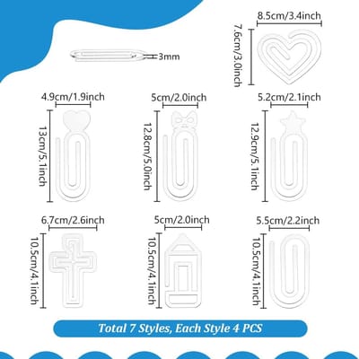 Dailygoods- Paperclips 28 Stuks - Transparante Acryl - 7 Stijlen - Kantoor Benodigdheden - Thuis DIY Ambachten - Perfect voor Organiseren - Kantoorbenodigdheden