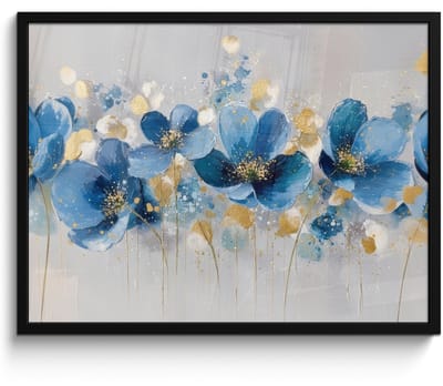 Poster in lijst - Fotolijst 80x60 cm - Posters - Bloemen - Blauw - Abstract - Posterlijst zwart - Decoratie - Wanddecoratie woonkamer - Muurdecoratie slaapkamer