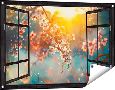 Gards Tuinposter Doorkijk Bloesemboom tijdens Zonsondergang - Bloem - 90x60 cm - Tuindoek - Tuindecoratie - Wanddecoratie buiten - Tuinschilderij