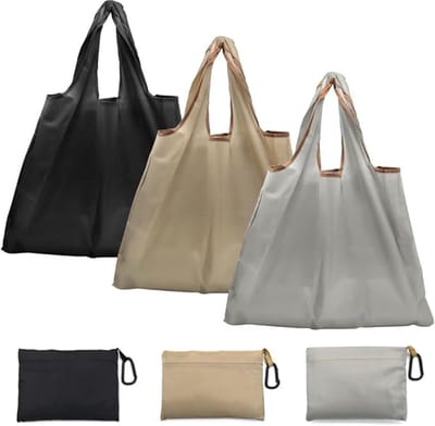 Famanu - Opvouwbare boodschappentas, 3 stuks, 50 x 48 cm, opvouwbare boodschappentas, boodschappentas, herbruikbare boodschappentassen met binnenzak voor winkelen, reizen, kamperen, zwart, grijs, kaki
