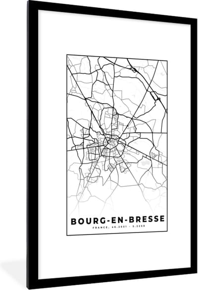 Fotolijst incl. Poster Zwart Wit- Stadskaart – Frankrijk – Kaart – Bourg-en-Bresse - Plattegrond - Zwart wit - 80x120 cm - Posterlijst