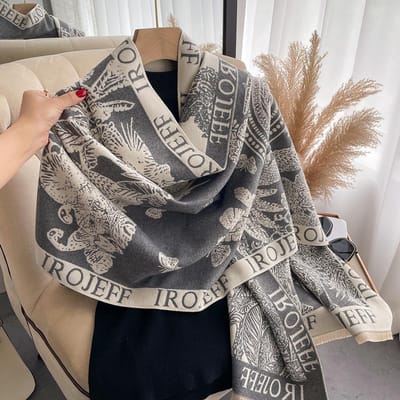 Luxe Winterroos Tweezijdig Kasjmier Jacquard Sjaals Hoge Kwaliteit Dames Verdikken Wikkel Sjaal Dames Wol Pashmina Sjaal gray