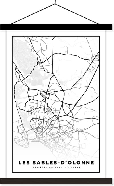 Posterhanger incl. Poster 40x60 cm - Schoolplaat - Stadskaart – Les Sables-d'Olonne - Plattegrond – Kaart – Frankrijk - Zwart wit - Textielposter - Zwarte latten - Stadskaart