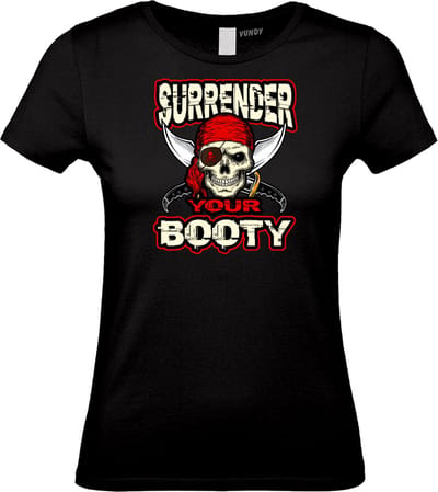 Dames t-shirt Surrender Your Booty | Halloween Kostuum Volwassenen | Halloween | Foute Party | Zwart dames | maat XS
