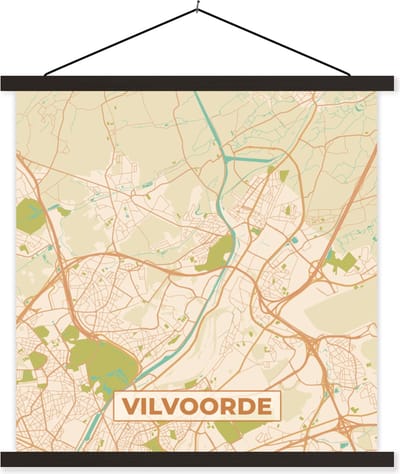 Posterhanger incl. Poster 60x60 cm - Schoolplaat - Vilvoorde - Vintage - Kaart - Stadskaart - Plattegrond - Textielposter - Zwarte latten - Stadskaart