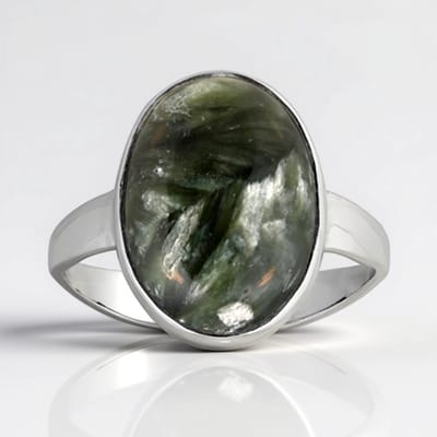 Cavill - Zilveren Ring met Serafiniet 10,1 ct - 925 Sterling Zilver Gerhodineerd - Ovale Cabochon Edelsteen 16x12 mm - Luxe Groen Sieraad