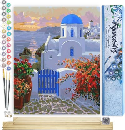 Figured'Art Schilderen op Nummer Volwassenen canvas Griekse Villa - Handwerk acrylverf Kit DIY Compleet - 40x50cm met DIY houten lijst