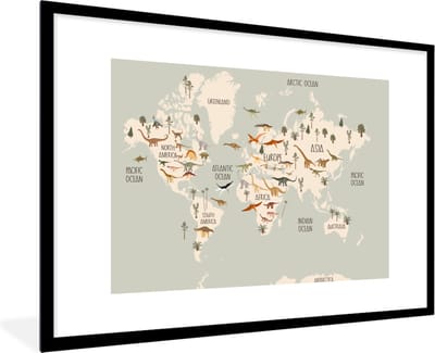 Wereldkaart kinderen - Dino's - Kinderkamer - Jongens - Meisjes - Kinderen - Schoolplaat - Kinderkamer - 120x80 cm
