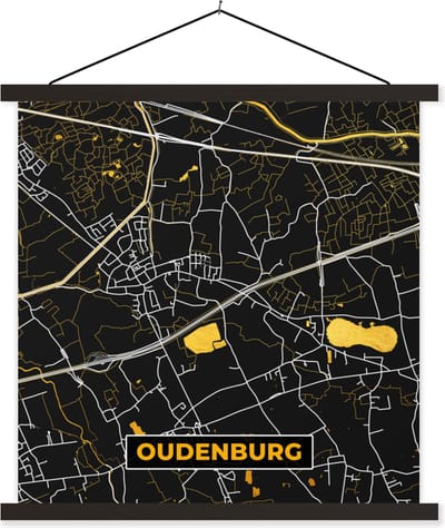 Posterhanger incl. Poster 60x60 cm - Schoolplaat - Oudenburg - Goud - Kaart - Stadskaart - Plattegrond - Textielposter - Zwarte latten - Stadskaart