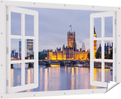 Gards Tuinposter Doorkijk London Big Ben en Westminster Brug - 180x120 cm - Tuindoek - Tuindecoratie - Wanddecoratie buiten - Tuinschilderij