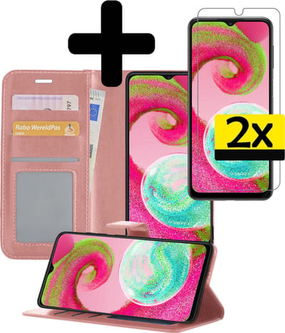 Hoesje - Met 2x Screenprotector - Geschikt voor Samsung Galaxy A04s - Luxe Pasjeshouder - Bookcase Portemonee - Flip Case - Kunstleer Book Case - Flipcase Hoes - Book Cover - Walletcase - Portemonneehoes - Telefoonhoesjes - Rosé goud