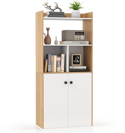 COSTWAY Boekenkast met dubbele deurkast, 3 verdiepingen staand rek met open vakken, vrijstaande boekenkast voor woonkamer, werkkamer, keuken, opbergkast, 60 x 30 x 140 cm