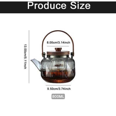 Théière en verre de 800 ml avec poignée en bambou, double filtre, résistante à la chaleur, transparente, motif martelé, motif floral gray