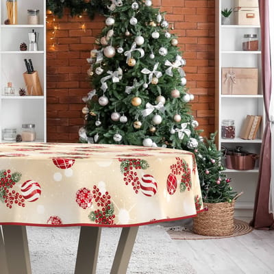 ANRO Tafelkleed Kerstballen Beige Rond Ø120cm Met sierband Afwasbaar Waterafstotend Binnen & Buiten