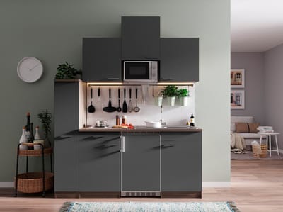 Goedkope keuken 180  cm - complete kleine keuken met apparatuur Oliver - Donker eiken/Grijs - elektrische kookplaat  - koelkast        - magnetron - mini keuken - compacte keuken - keukenblok met apparatuur