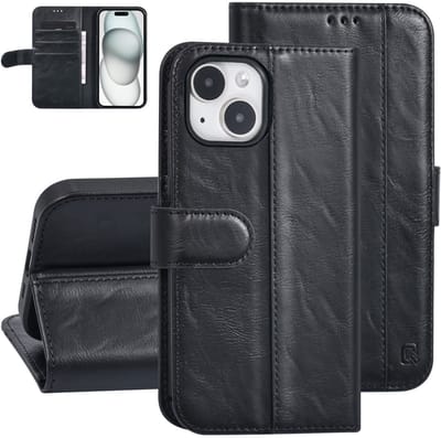 UNIQ Accessory Back Cover - Geschikt voor Apple iPhone 15 - Zwart - Magnetische sluiting - Pasjeshouder voor 3 pasjes