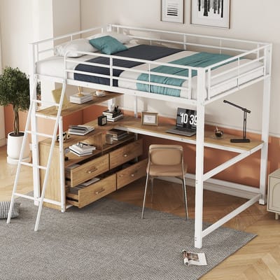 DESMIU Hoogslaper 140x200 cm – Hoogslaper met L-vormig Bureau en Ladeopbergruimte – Voor Studeren en Werken – MDF en Metaal – Wit – Zonder matras