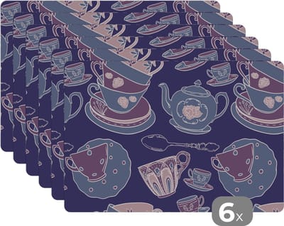 Placemat - Placemats kunststof - Patroon - Thee - Kop - Theepot - 45x30 cm - 6 stuks - Hittebestendig - Anti-Slip - Onderlegger - Afneembaar