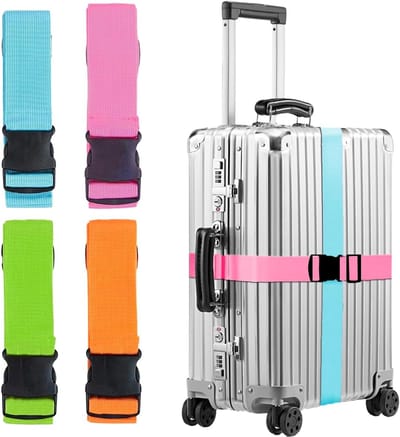 Set van 4 Dikke Versterkte Koffers met Verstelbare Reisriemen voor Veiligheid en Gemak (Blauw, Roze, Oranje, Groen)