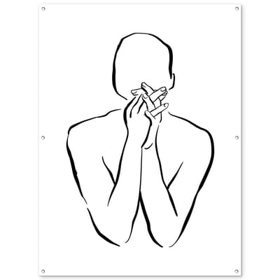Tuinposter 120x160 cm - Tuindecoratie Abstracte line art van een vrouw met gevouwen handen - Poster voor in de tuin - Buiten decoratie - Schutting tuinschilderij - Tuindoek muurdecoratie - Wanddecoratie balkondoek