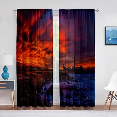 Phare Paysage Marin Coucher de Soleil Rochers Rideaux en Tulle pour Chambre Rideaux Voile Transparents Modernes Décoration de Maison Rideaux de Fenêtre de Cuisine 1 PCS W100XH250cm&Grommet Top