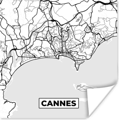 Poster Frankrijk - Cannes - Kaart - Plattegrond - Stadskaart - Zwart wit - 100x100 cm XXL