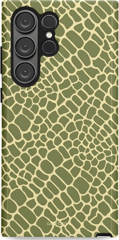 Casetastic hoesje geschikt voor Samsung Galaxy S23 Ultra - Dubbellaagse bescherming - Exotische Groen Geel Krokodillen Schubben - Fashion Case - Saliegroen Beige