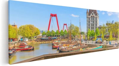Artaza Canvas Schilderij Skyline Rotterdam - 60x20 cm - Wanddecoratie Witte Huis - Muurdecoratie Haven - Kamer Accessoires