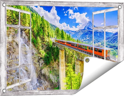 Gards Tuinposter Doorkijk Trein op een Brug bij een Waterval in Zwitserland - 60x40 cm - Tuindoek - Tuindecoratie - Wanddecoratie buiten - Tuinschilderij