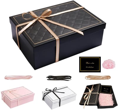 Dailygoods - FICOFISE Geschenkdoos met deksel, 25 x 18 x 8,5 cm, geschenkdoos, opvouwbare geschenkdoos met strikken, wenskaarten, raffia, voor bruiloften, Kerstmis, jubileum (zwart)