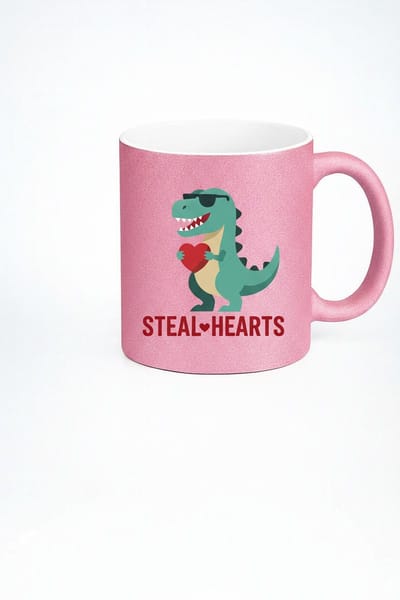 Roze Glitter Mok 'Steal Hearts' Dinosaurus | Leuke T-Rex Beker Valentijn Cadeau
