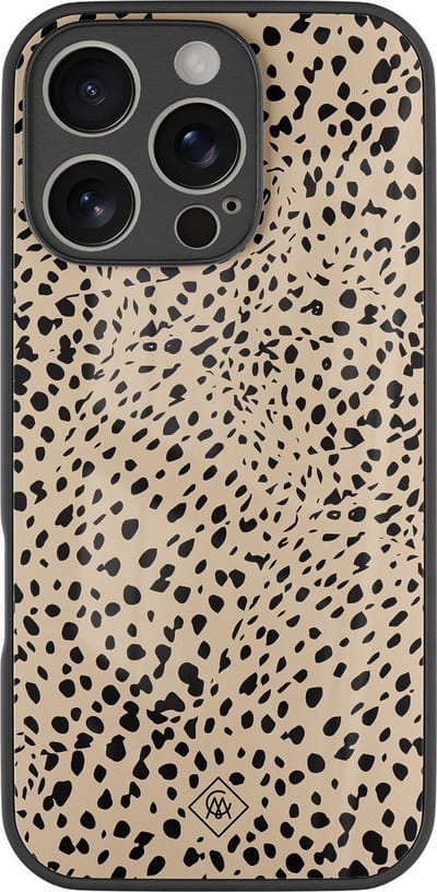 Casimoda® hoesje - Geschikt voor iPhone 16 Pro - Stippen bruin abstract - Luxe Hard Case Zwart - Backcover telefoonhoesje - Bruin/beige