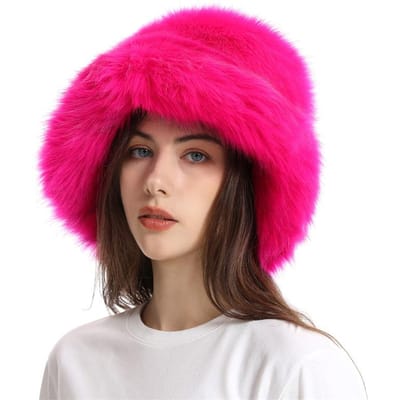 Warme vissershoed voor dames met brede rand, verdikt imitatiebont, vossenbont, basinhoed, effen kleur, pluche hoed One size rood